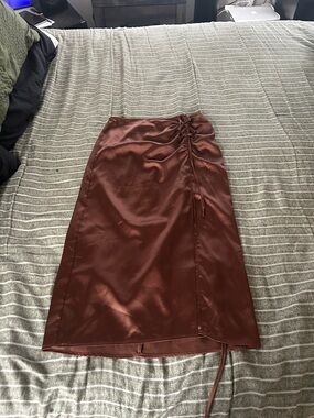 Satin Ruched Side Midi Skirt in Deep Brown